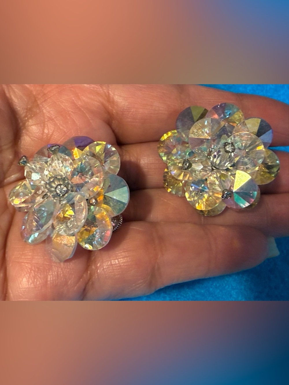 Iridescent Vintage Vendome Cluster Earrings  - Clear Aurora Borealis